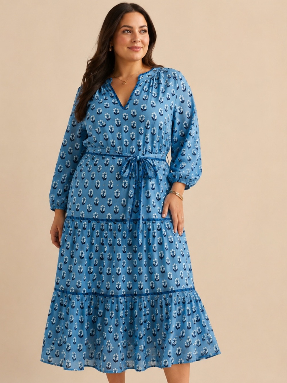 PRINTFRESH Boho Light Blue Floral Tiered Midi Dress 1X
